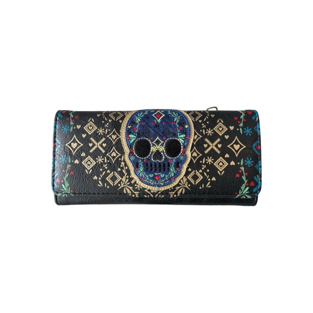 Loungefly Sugar Skull Trifold Wallet Dia De Los Muertos Embroidered Blue